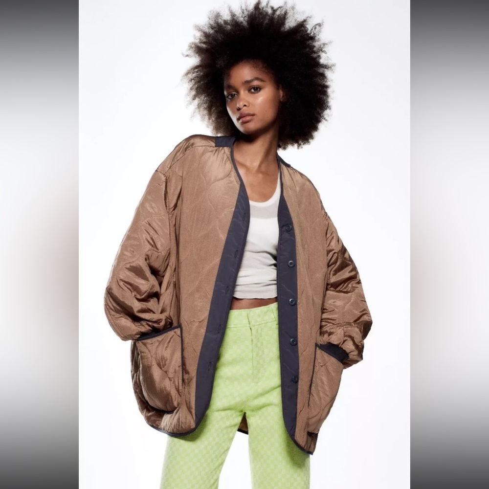 Zara Brown Quilted Jacket with Black Trim